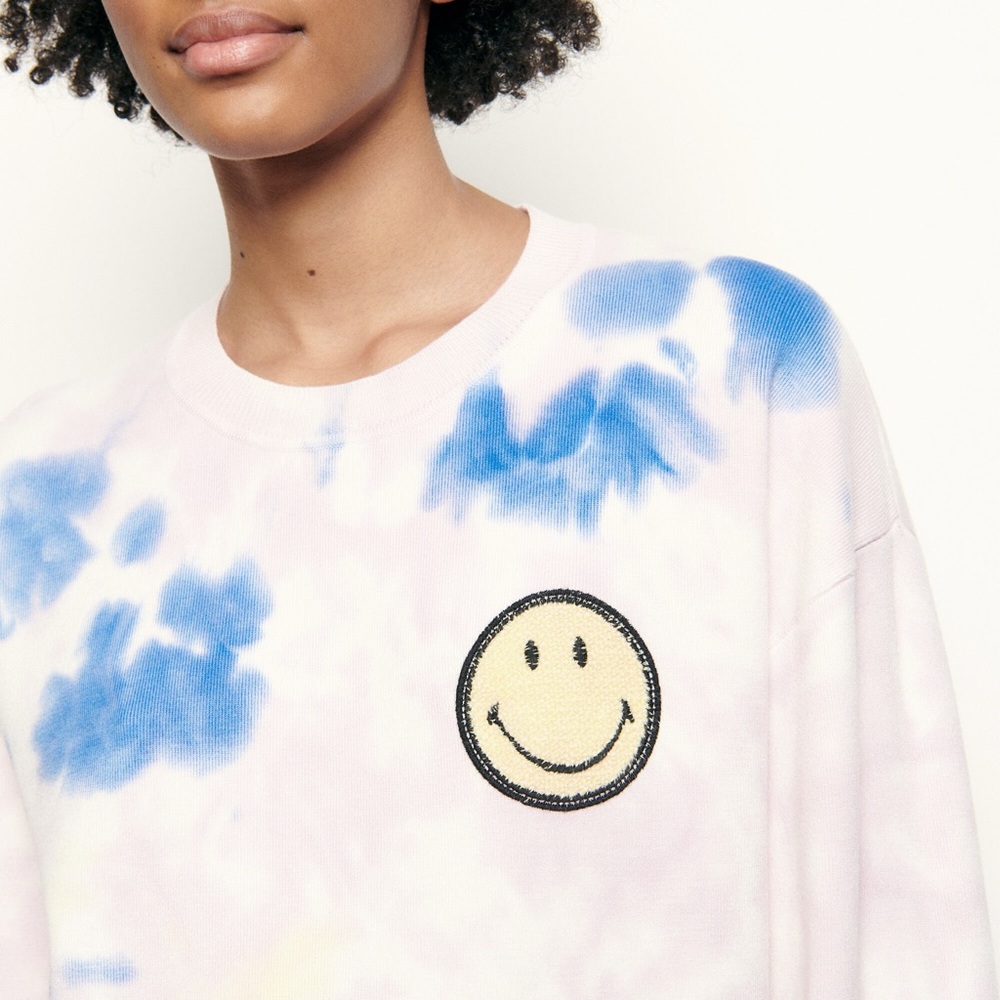 Sandro Blue and White Tie-Dye Smiley Sweater